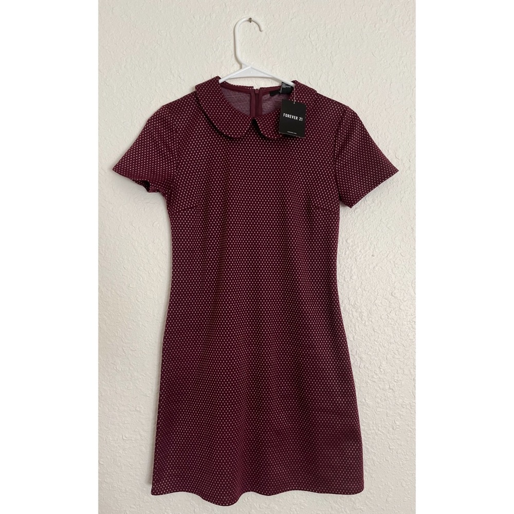 Forever 21 Burgundy and Ivory Knit Collared Bodycon Dress - Size Small